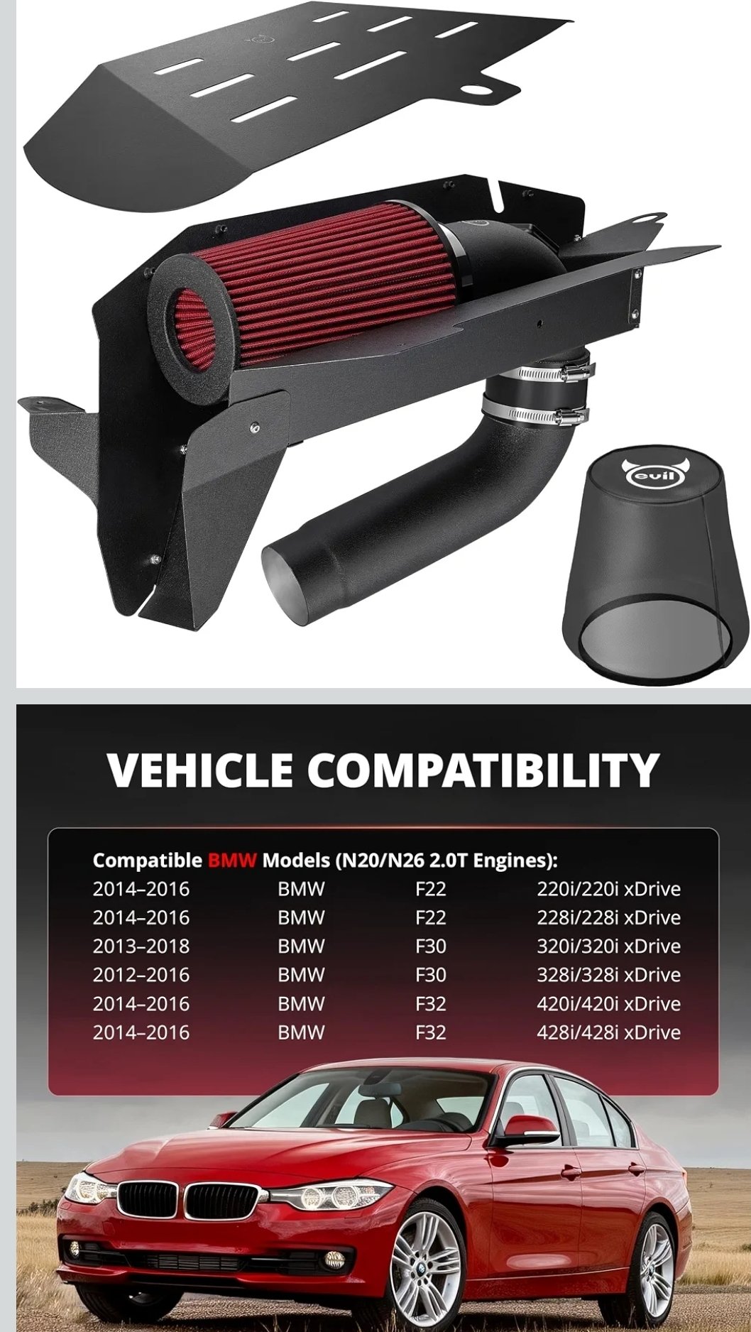 EVIL ENERGY cold air intake system for BMW with red filter, heat shield and pre-filter