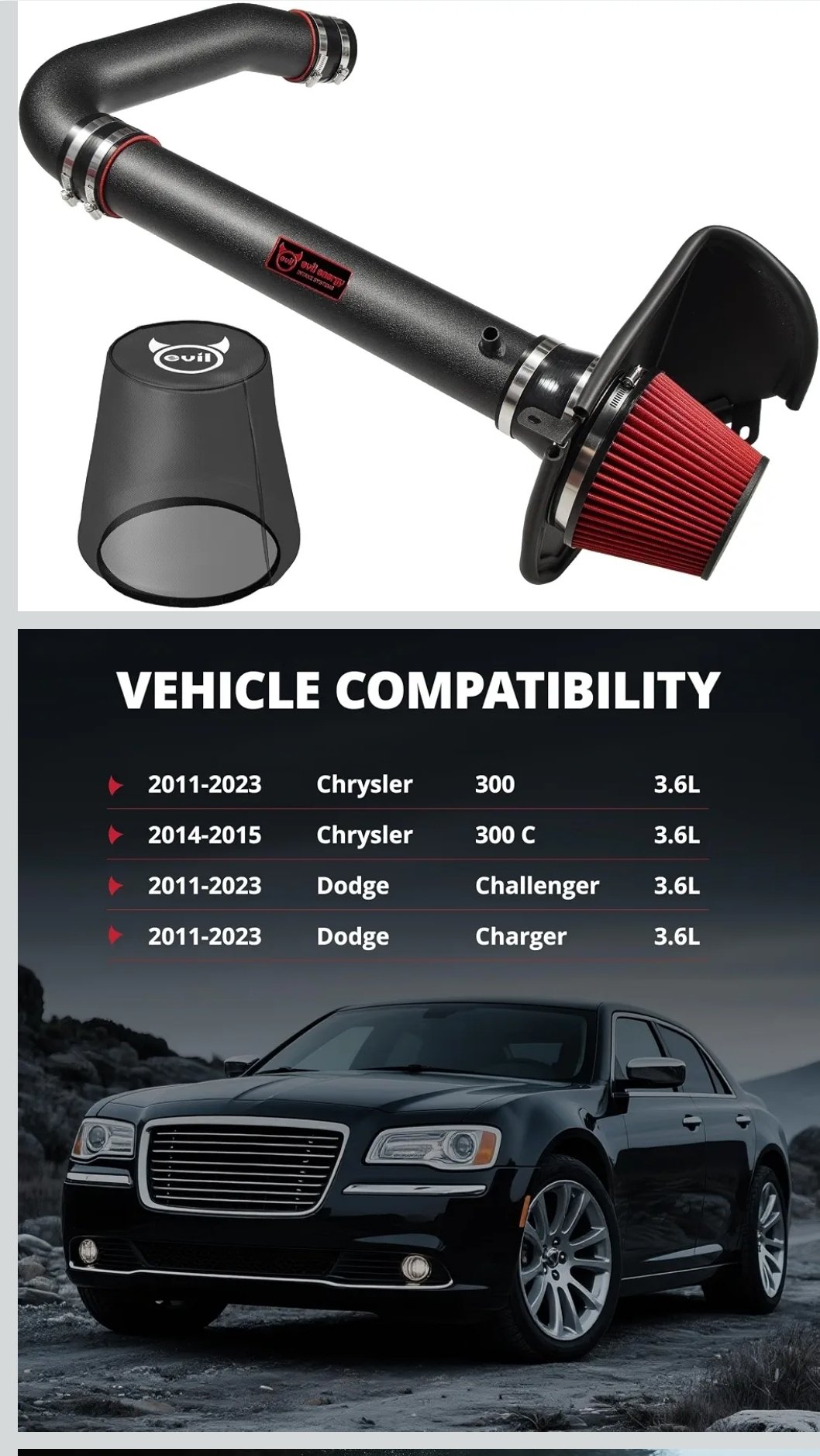 Black EVIL ENERGY cold air intake system with red filter, heat shield and pre-filter