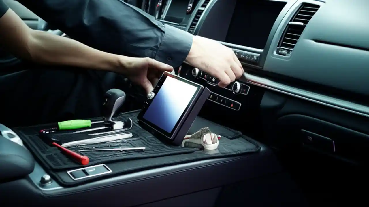 Technician fitting a touchscreen stereo into a vehicle dashboard