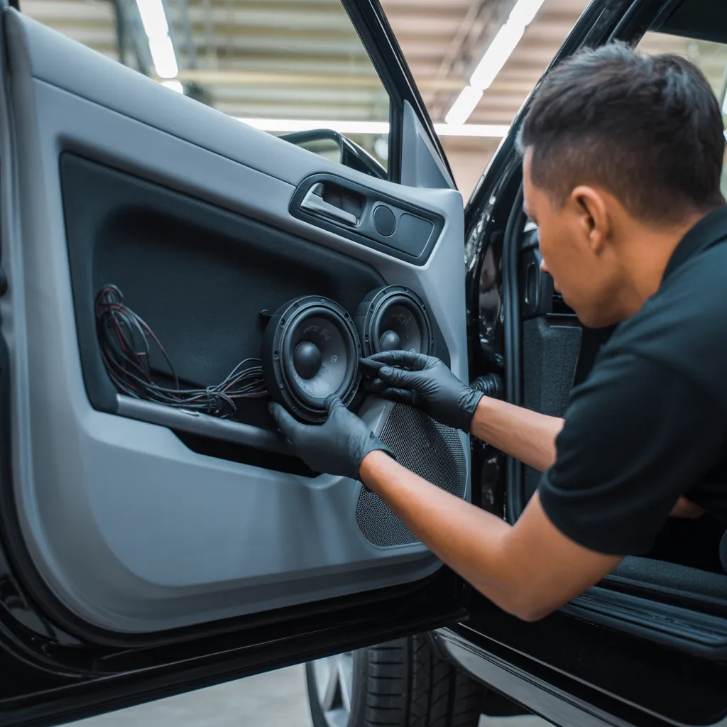 Technician installing speakers inside a vehicle door