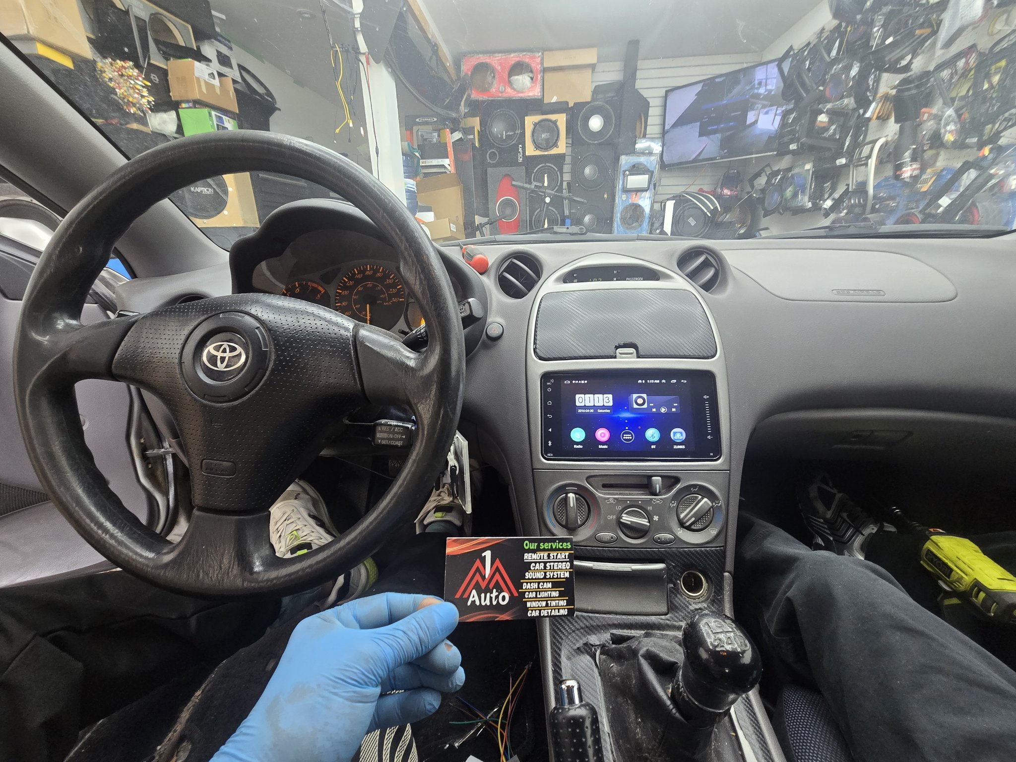 2005 Toyota Celica dashboard with a new touchscreen head unit