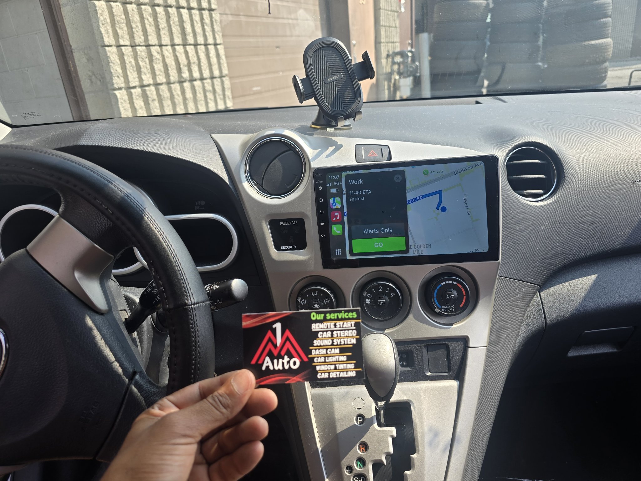 2012 Toyota Matrix dashboard with a new touchscreen head unit showing maps